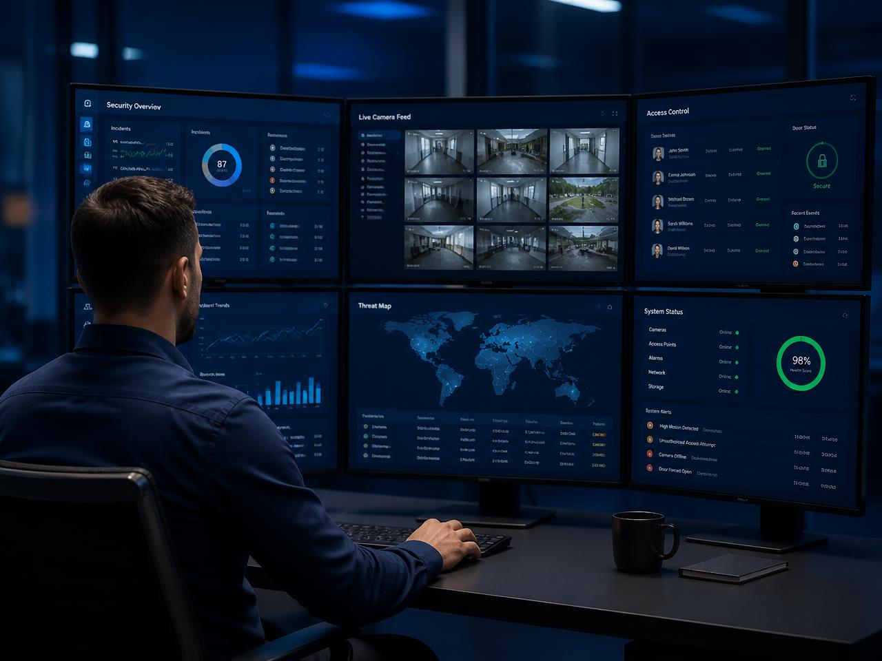 Operator reviewing a multi-screen security dashboard in a modern control environment