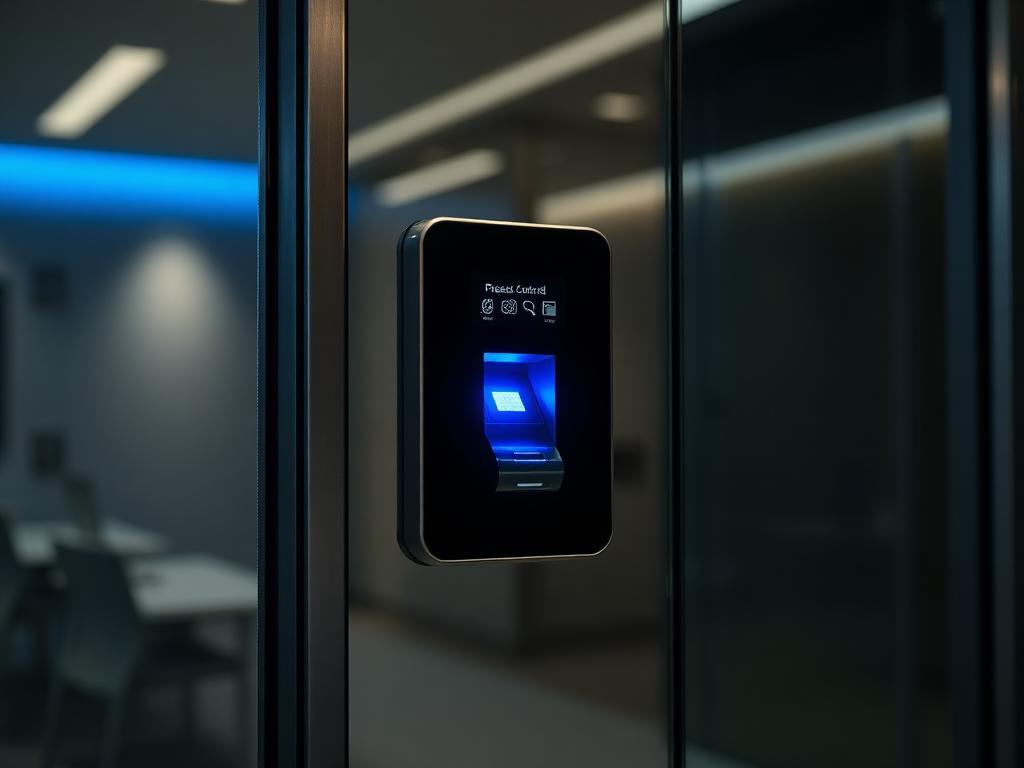 Biometric access control panel beside a glass office door