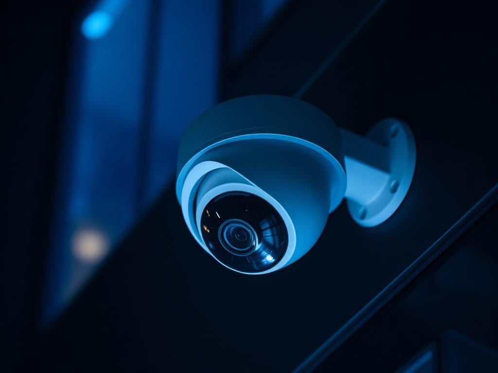Modern dome CCTV camera mounted on a dark building facade