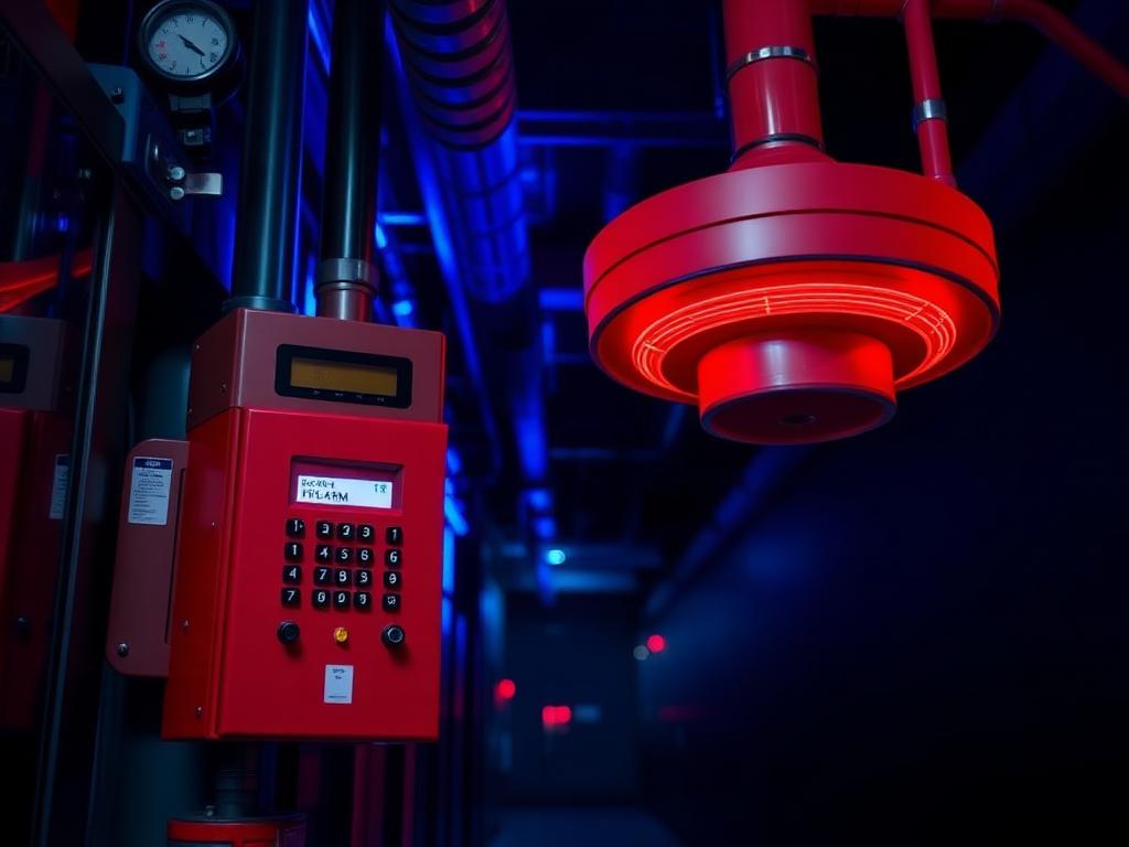 Fire alarm control panel and sprinkler head in a service corridor