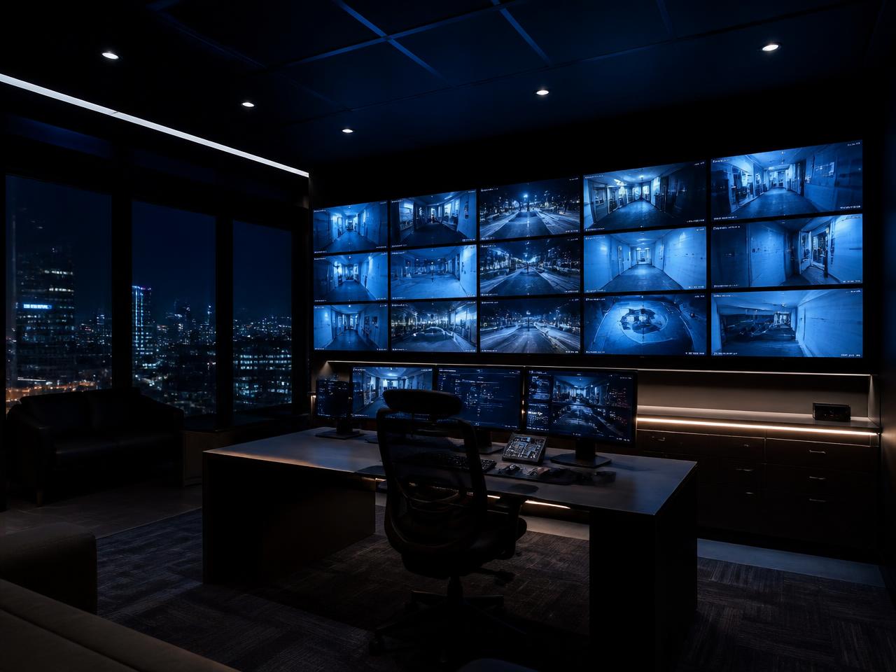 Modern security control room with a wall of live surveillance monitors
