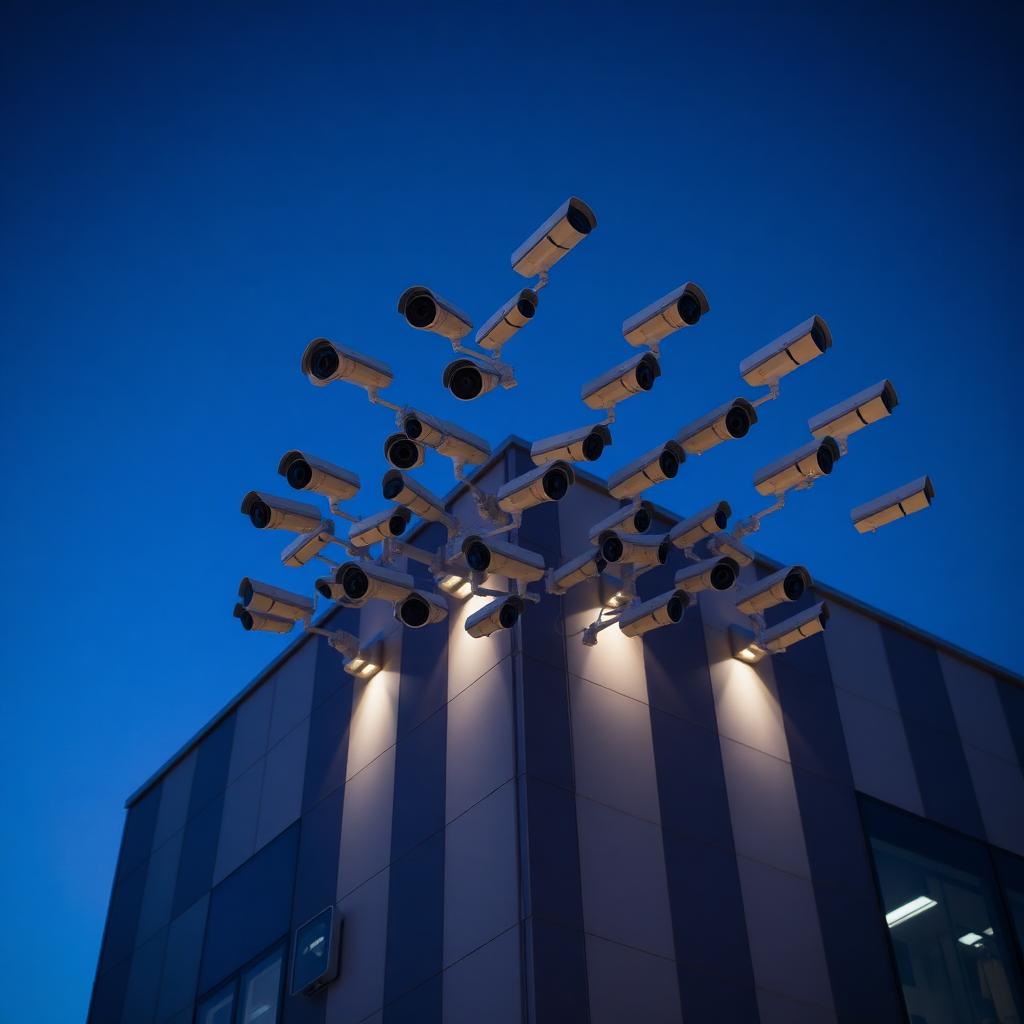 Cluster of outdoor security cameras covering a modern commercial building at dusk