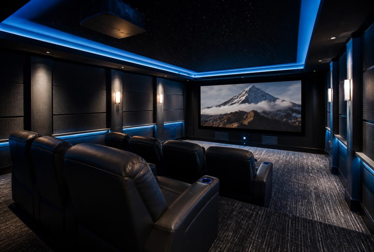 Luxury home theatre room with large screen and recliner seating
